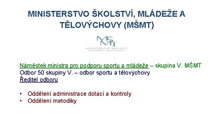 MINISTERSTVO ŠKOLSTVÍ, MLÁDEŽE A TĚLOVÝCHOVY (MŠMT) Náměstek ministra pro podporu sportu a mládeže – MINISTERSTVO ŠKOLSTVÍ, MLÁDEŽE A TĚLOVÝCHOVY (MŠMT) Náměstek ministra pro podporu sportu a mládeže –