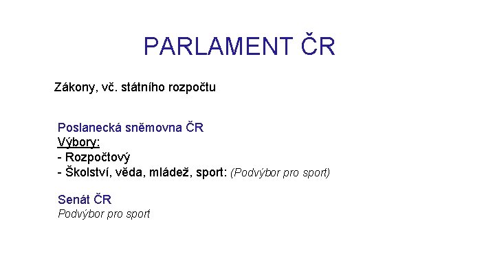 PARLAMENT ČR Zákony, vč. státního rozpočtu Poslanecká sněmovna ČR Výbory: - Rozpočtový - Školství,