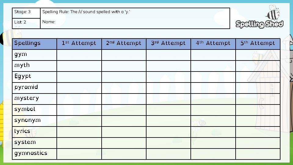 Stage: 3 Spelling Rule: The /i/ sound spelled with a ‘y. ’ List: 2