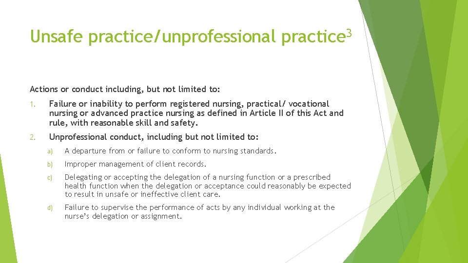 Unsafe practice/unprofessional practice 3 Actions or conduct including, but not limited to: 1. Failure