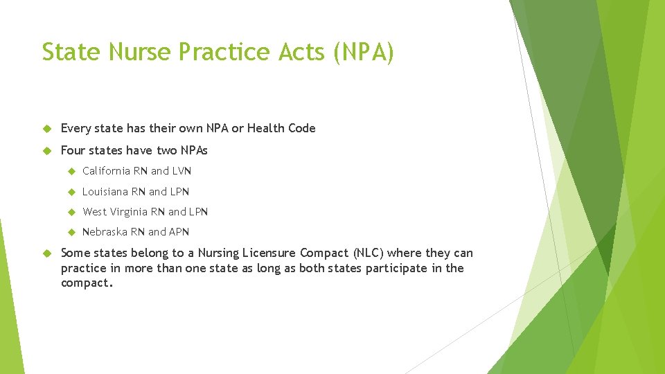 State Nurse Practice Acts (NPA) Every state has their own NPA or Health Code