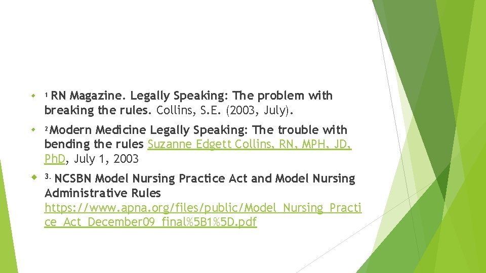 RN Magazine. Legally Speaking: The problem with breaking the rules. Collins, S. E. (2003,