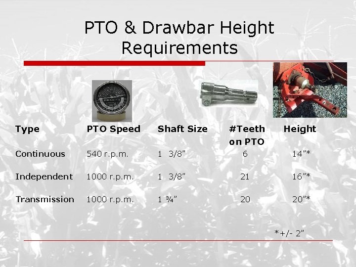 PTO & Drawbar Height Requirements Type PTO Speed Shaft Size #Teeth on PTO Height