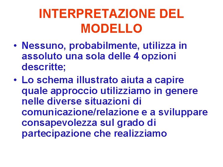 INTERPRETAZIONE DEL MODELLO • Nessuno, probabilmente, utilizza in assoluto una sola delle 4 opzioni