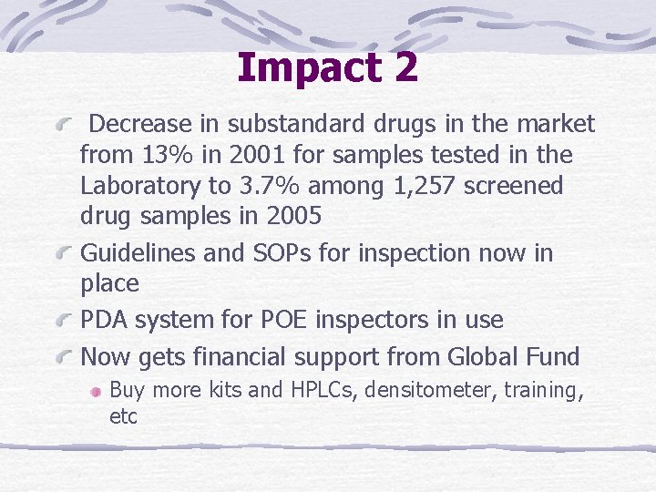 Impact 2 Decrease in substandard drugs in the market from 13% in 2001 for