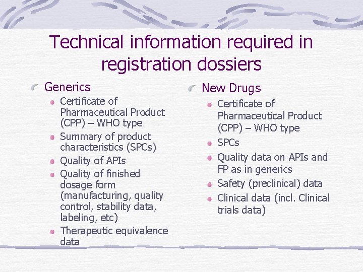 Technical information required in registration dossiers Generics Certificate of Pharmaceutical Product (CPP) – WHO