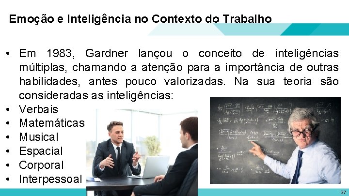 Emoção e Inteligência no Contexto do Trabalho • Em 1983, Gardner lançou o conceito