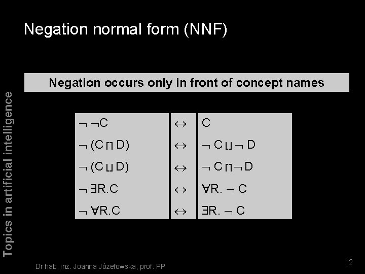 Negation normal form (NNF) Topics in artificial intelligence Negation occurs only in front of