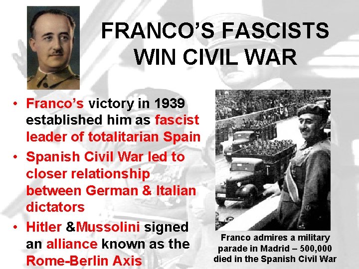 FRANCO’S FASCISTS WIN CIVIL WAR • Franco’s victory in 1939 established him as fascist FRANCO’S FASCISTS WIN CIVIL WAR • Franco’s victory in 1939 established him as fascist