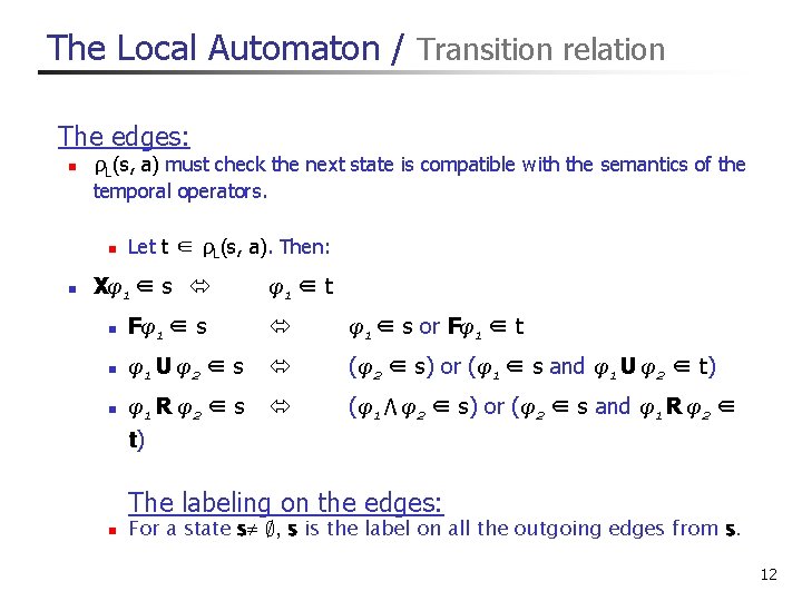 The Local Automaton / Transition relation The edges: n ρL(s, a) must check the