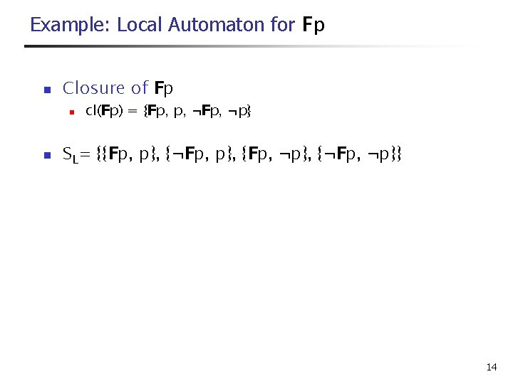 Example: Local Automaton for Fp n Closure of Fp n n cl(Fp) = {Fp,