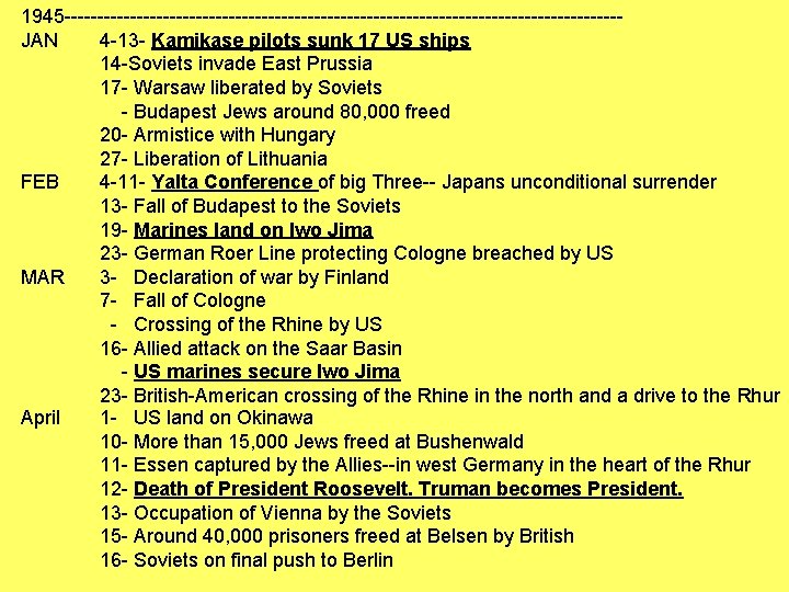 1945 ------------------------------------------JAN 4 -13 - Kamikase pilots sunk 17 US ships 14 -Soviets invade