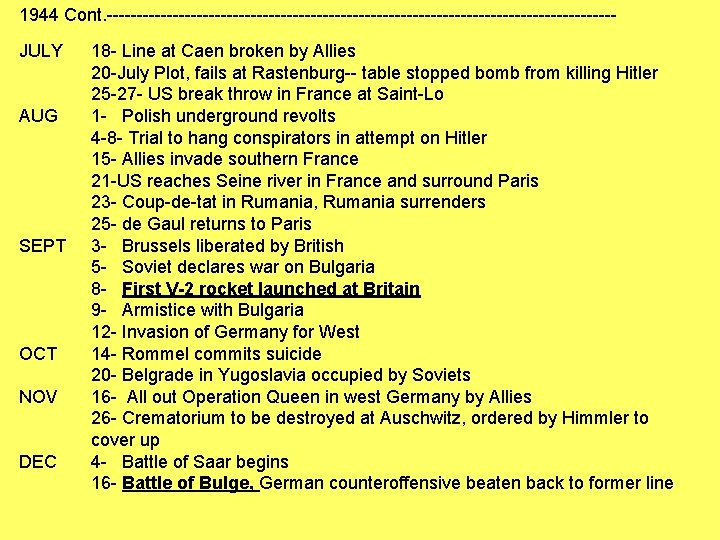 1944 Cont. ------------------------------------------JULY AUG SEPT OCT NOV DEC 18 - Line at Caen broken 1944 Cont. ------------------------------------------JULY AUG SEPT OCT NOV DEC 18 - Line at Caen broken