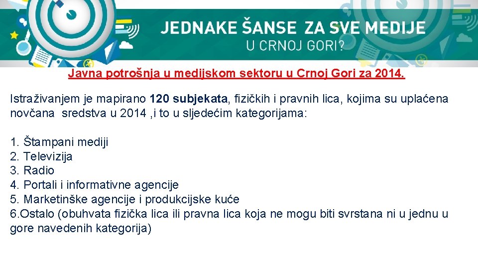 Javna potrošnja u medijskom sektoru u Crnoj Gori za 2014. Istraživanjem je mapirano 120