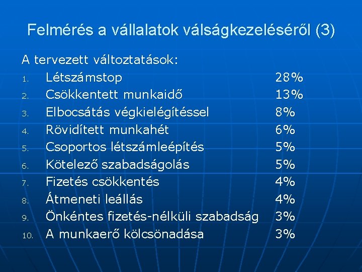 Felmérés a vállalatok válságkezeléséről (3) A tervezett változtatások: 1. Létszámstop 2. Csökkentett munkaidő 3.