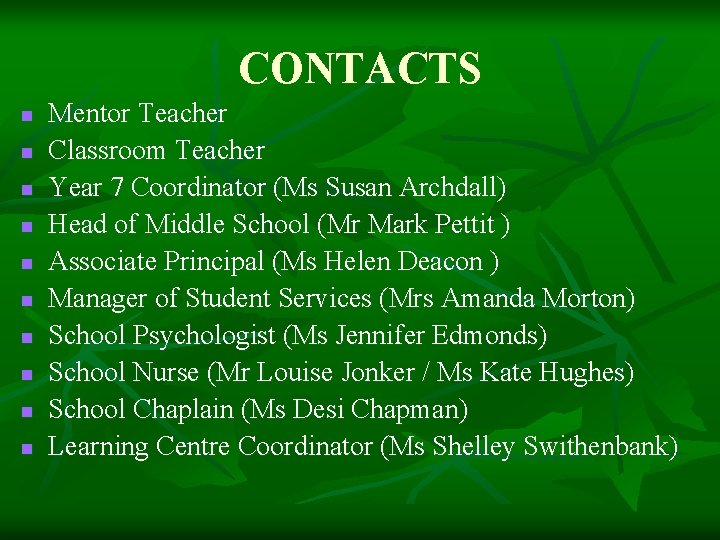 CONTACTS n n n n n Mentor Teacher Classroom Teacher Year 7 Coordinator (Ms