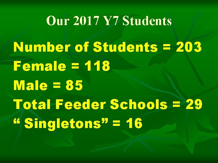 Our 2017 Y 7 Students Number of Students = 203 Female = 118 Male