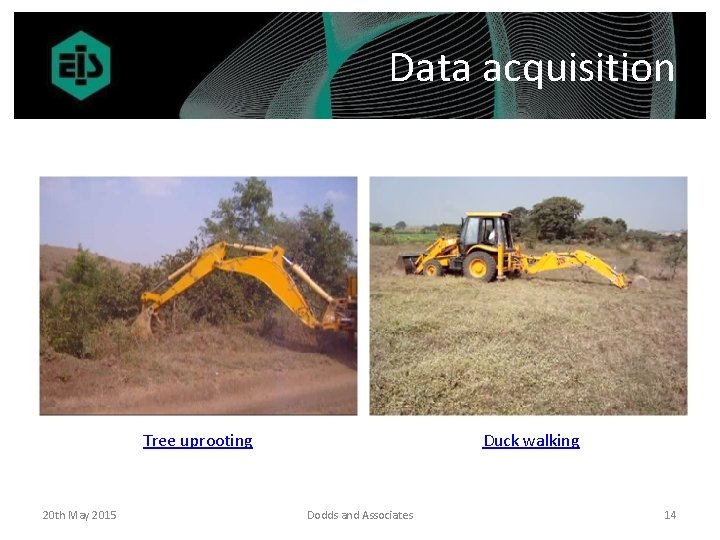 Data acquisition Tree uprooting 20 th May 2015 Duck walking Dodds and Associates 14