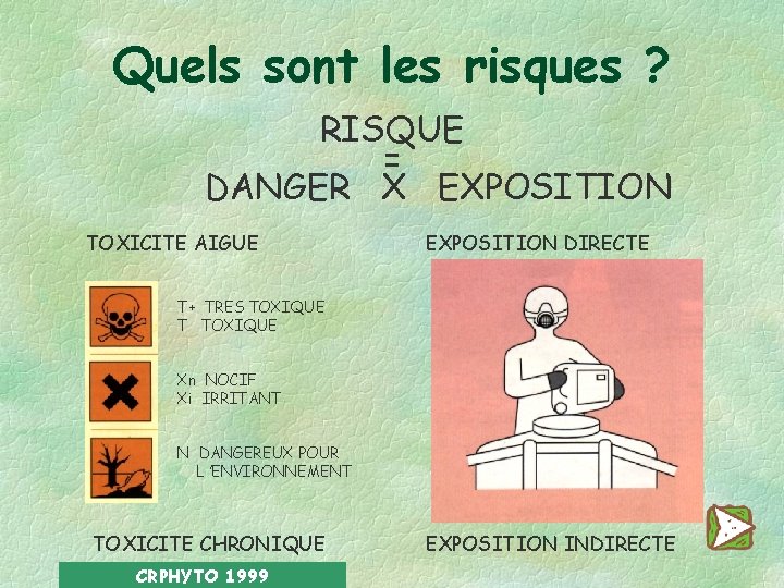 Quels sont les risques ? RISQUE = DANGER X EXPOSITION TOXICITE AIGUE EXPOSITION DIRECTE