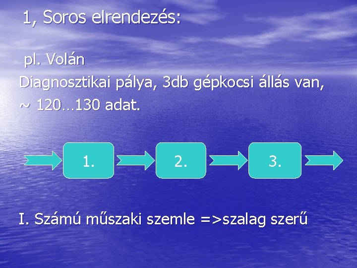 1, Soros elrendezés: pl. Volán Diagnosztikai pálya, 3 db gépkocsi állás van, ~ 120…