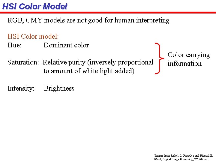 HSI Color Model RGB, CMY models are not good for human interpreting HSI Color