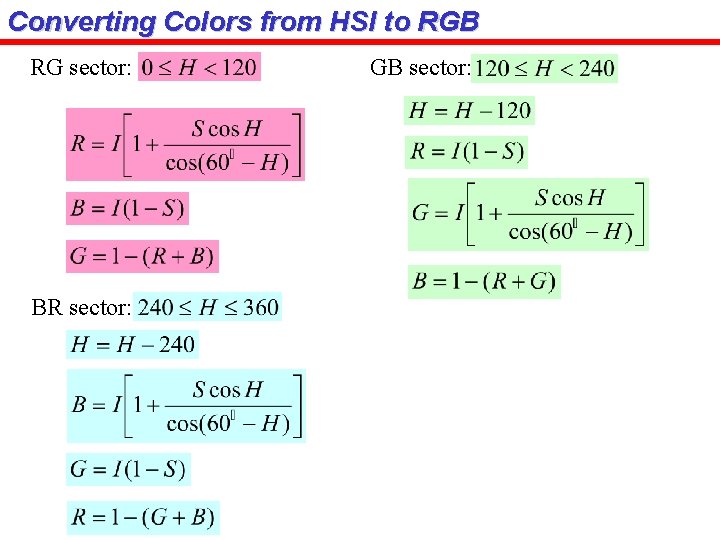 Converting Colors from HSI to RGB RG sector: BR sector: GB sector: 