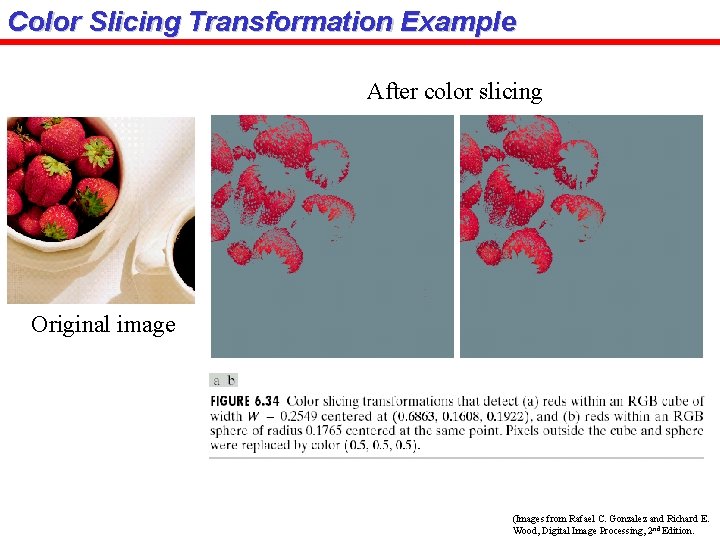 Color Slicing Transformation Example After color slicing Original image (Images from Rafael C. Gonzalez