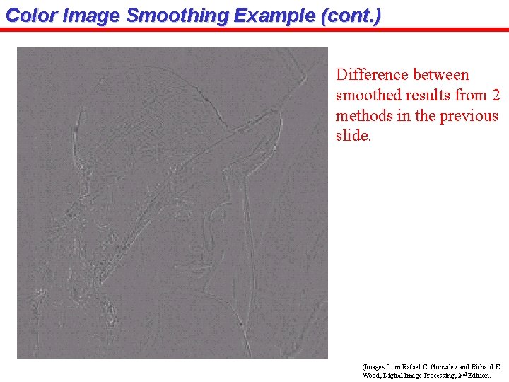 Color Image Smoothing Example (cont. ) Difference between smoothed results from 2 methods in