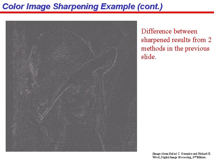 Color Image Sharpening Example (cont. ) Difference between sharpened results from 2 methods in