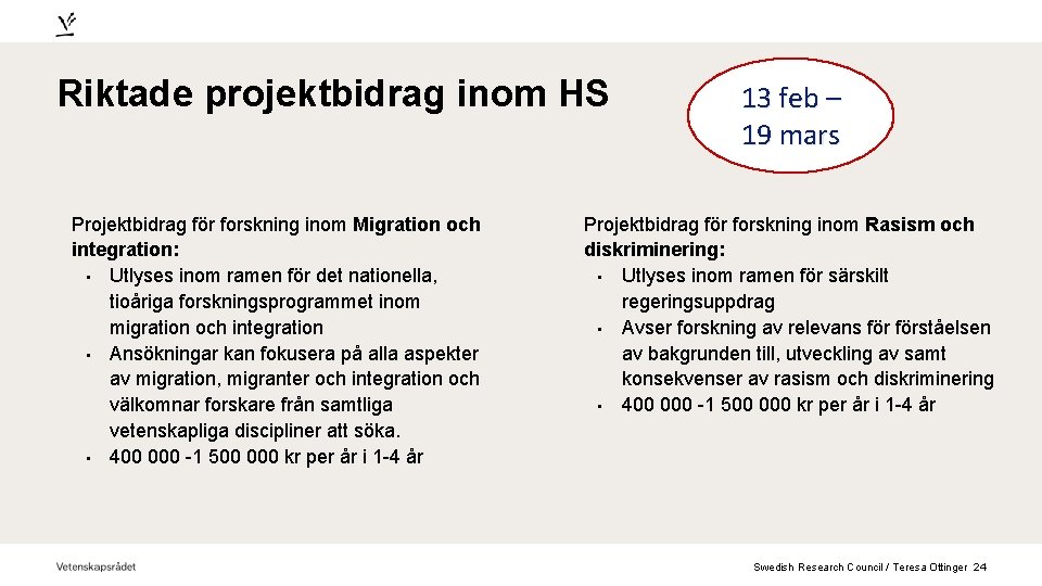 Riktade projektbidrag inom HS Projektbidrag för forskning inom Migration och integration: • Utlyses inom