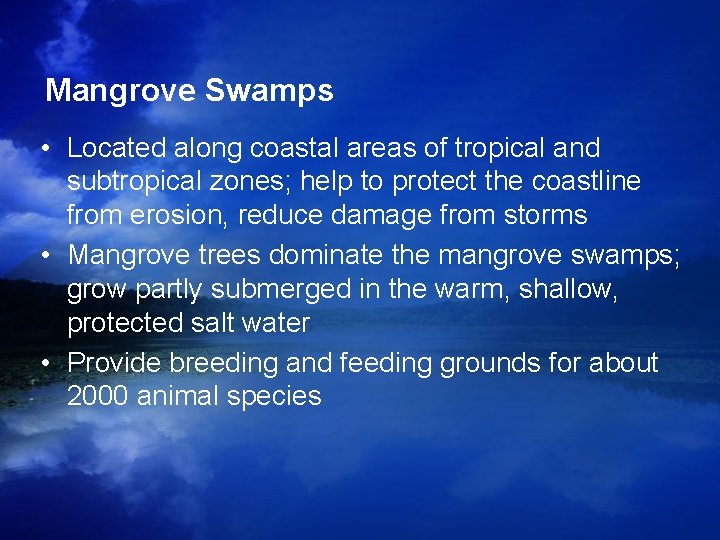 Mangrove Swamps • Located along coastal areas of tropical and subtropical zones; help to Mangrove Swamps • Located along coastal areas of tropical and subtropical zones; help to