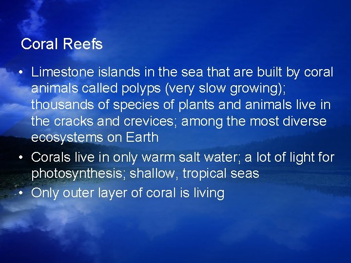 Coral Reefs • Limestone islands in the sea that are built by coral animals Coral Reefs • Limestone islands in the sea that are built by coral animals