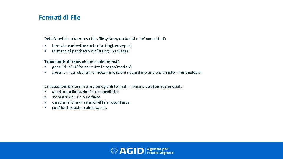 Formati di File Definizioni di contorno su file, filesystem, metadati e dei concetti di: