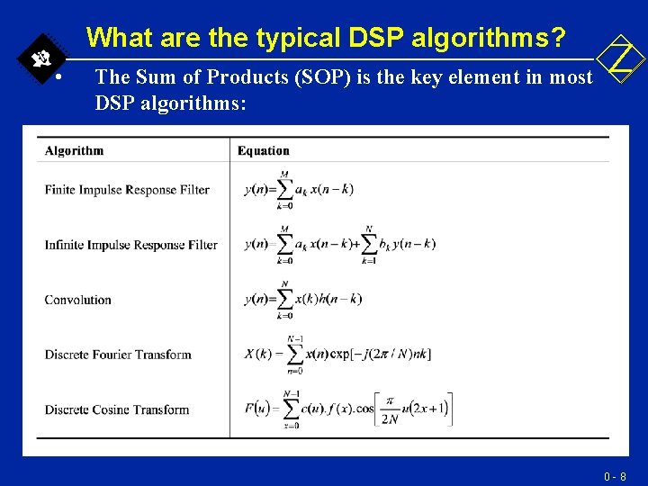 What are the typical DSP algorithms? • The Sum of Products (SOP) is the What are the typical DSP algorithms? • The Sum of Products (SOP) is the