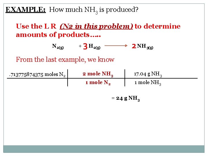EXAMPLE: How much NH 3 is produced? Use the L R (N 2 in