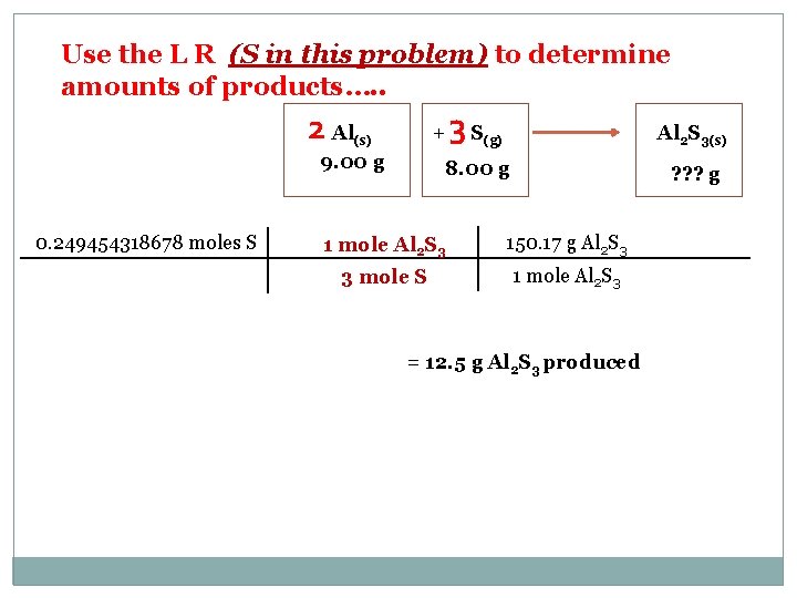 Use the L R (S in this problem) to determine amounts of products…. .