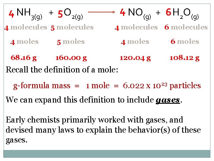 4 NH 3(g) + 5 O 2(g) 4 molecules 5 molecules 4 NO(g) +