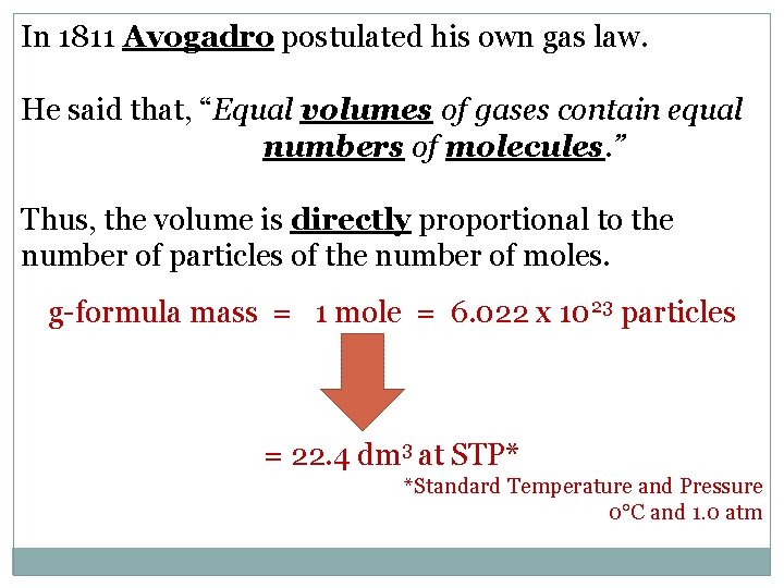 In 1811 Avogadro postulated his own gas law. He said that, “Equal volumes of