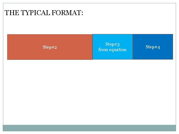 THE TYPICAL FORMAT: (given) grams 1 mole (given) Step#2 g-formula mass (given) moles of