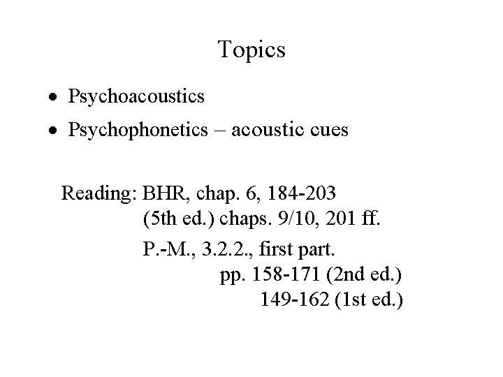 Topics Psychoacoustics Psychophonetics – acoustic cues Reading: BHR, chap. 6, 184 -203 (5 th