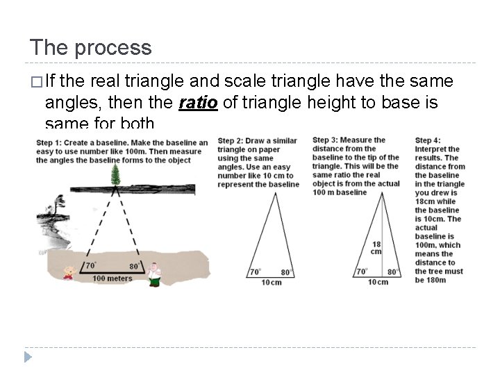 The process � If the real triangle and scale triangle have the same angles,