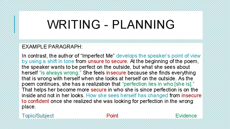 WRITING - PLANNING EXAMPLE PARAGRAPH: In contrast, the author of “Imperfect Me” develops the