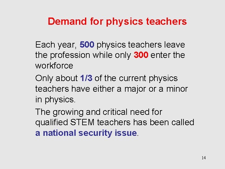 Demand for physics teachers Each year, 500 physics teachers leave the profession while only