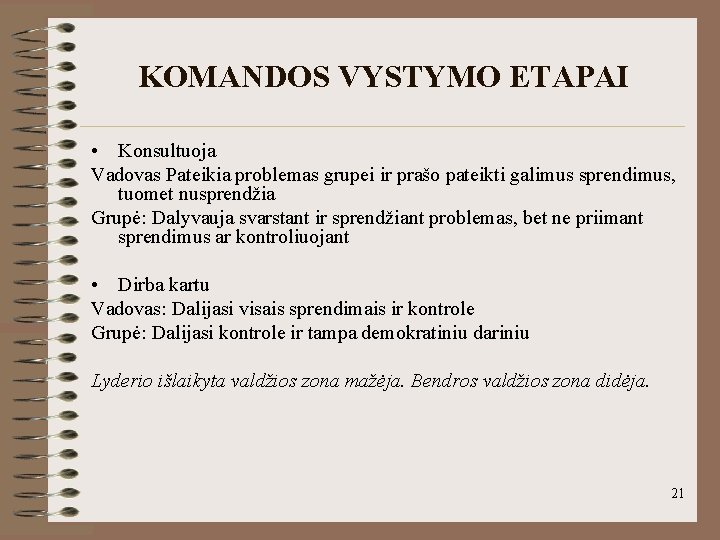 KOMANDOS VYSTYMO ETAPAI • Konsultuoja Vadovas Pateikia problemas grupei ir prašo pateikti galimus sprendimus,