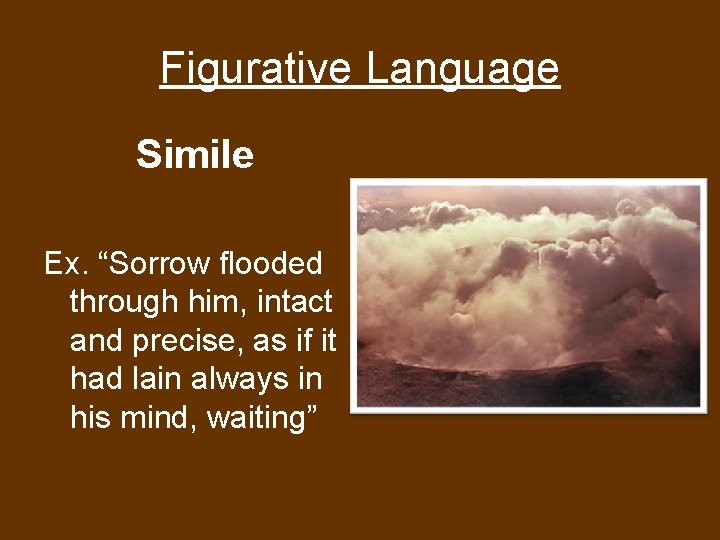 Figurative Language Simile Ex. “Sorrow flooded through him, intact and precise, as if it