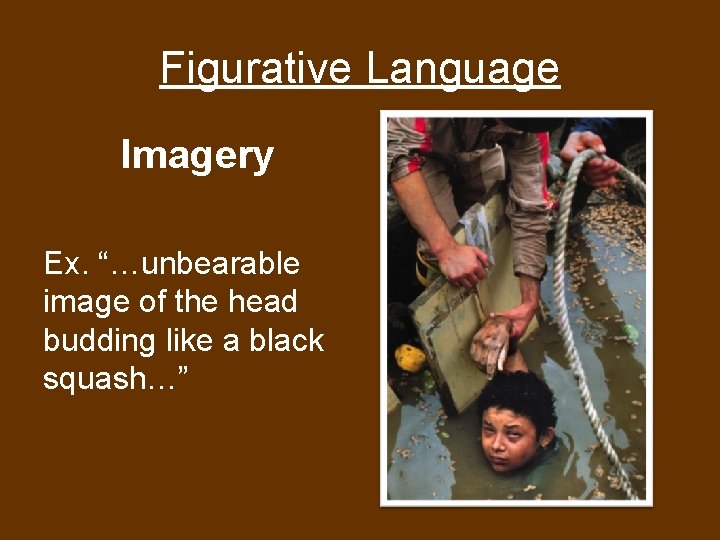 Figurative Language Imagery Ex. “…unbearable image of the head budding like a black squash…” Figurative Language Imagery Ex. “…unbearable image of the head budding like a black squash…”