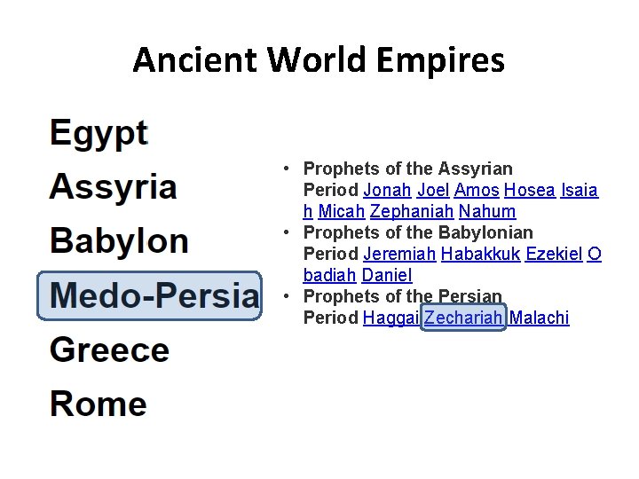 Ancient World Empires • Prophets of the Assyrian Period Jonah Joel Amos Hosea Isaia