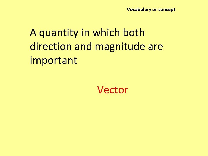 Vocabulary or concept A quantity in which both direction and magnitude are important Vector