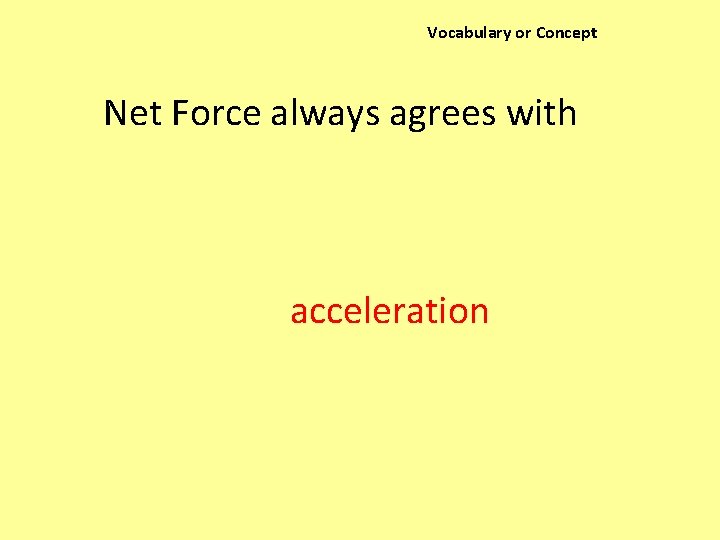 Vocabulary or Concept Net Force always agrees with acceleration 