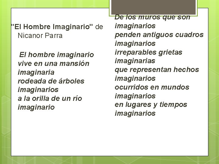 ''El Hombre Imaginario'' de Nicanor Parra El hombre imaginario vive en una mansión imaginaria
